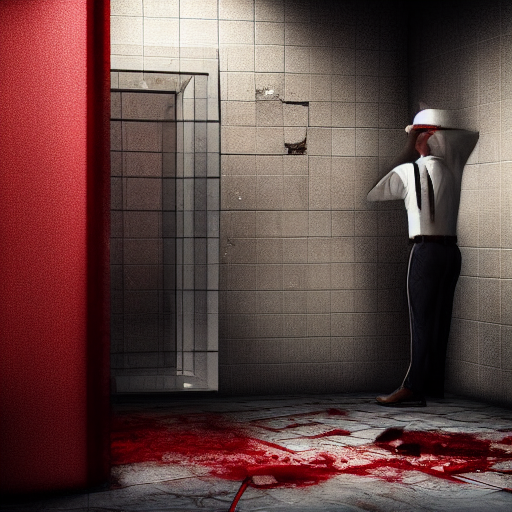 A detective looking puzzled as he examines the shattered shower door and the bloodstains on the tiles.